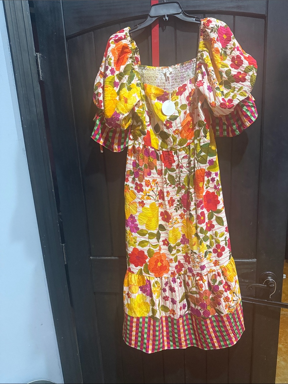 Bright Floral Puff-Sleeve Midi Dress in Yellow & Pink